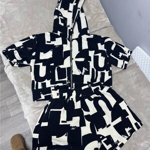 Black and White Graphic Hoodie and Shorts Set